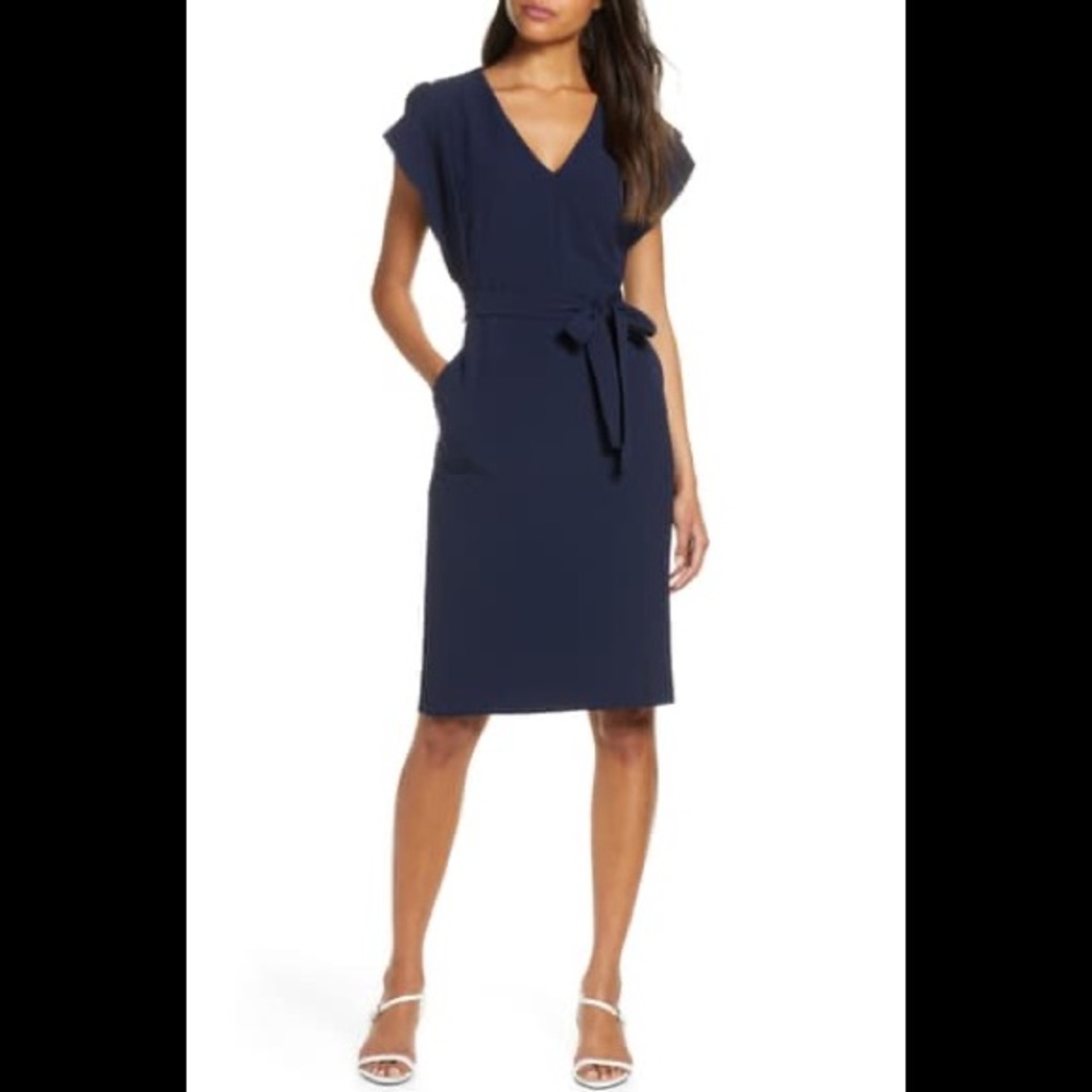 Eliza J ruffle sleeve crepe tie waist sheath dress